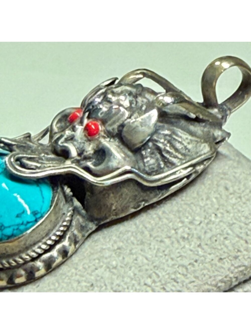 Dragon Pendant Silver Tone Blue Cabochon Red Eyes Gothic Fantasy 1.75" - Picture 2 of 11